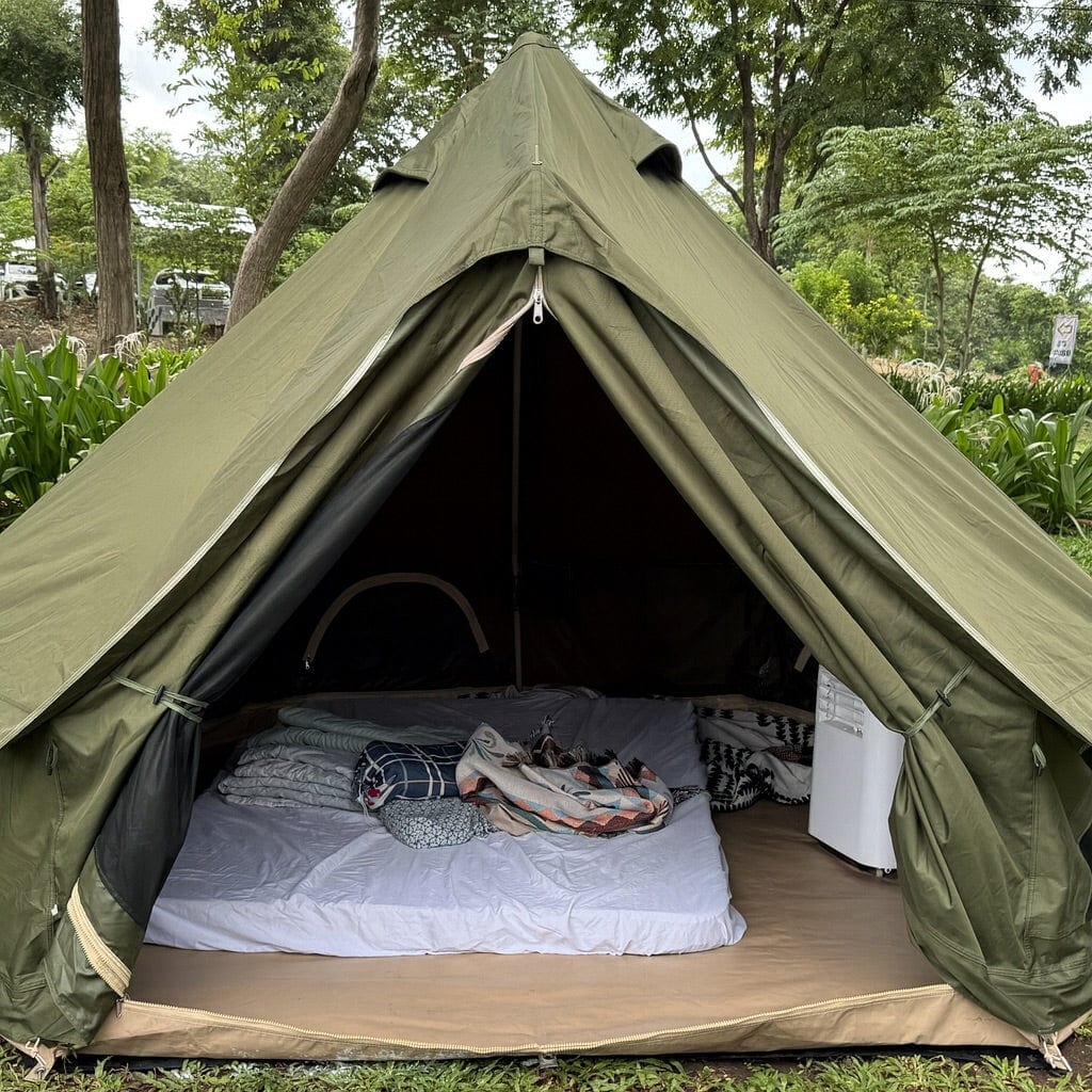 Wiman Bell Tent สีเขียวต่อกับแอร์เคลื่อนที่